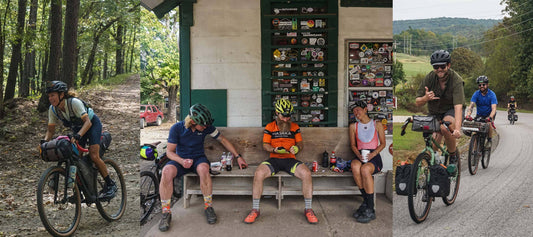 Collage: cyclists riding remote gravel roads, cyclists snacking on bench outside gas station