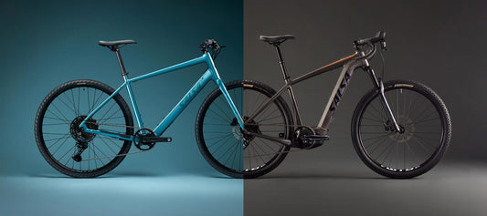 Split image of Salsa Confluence on blue background and Salsa Tributary Ebike on gray background