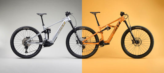 Split image of Salsa Notch and Moraine mountain ebikes half front and rear wheel appear joined