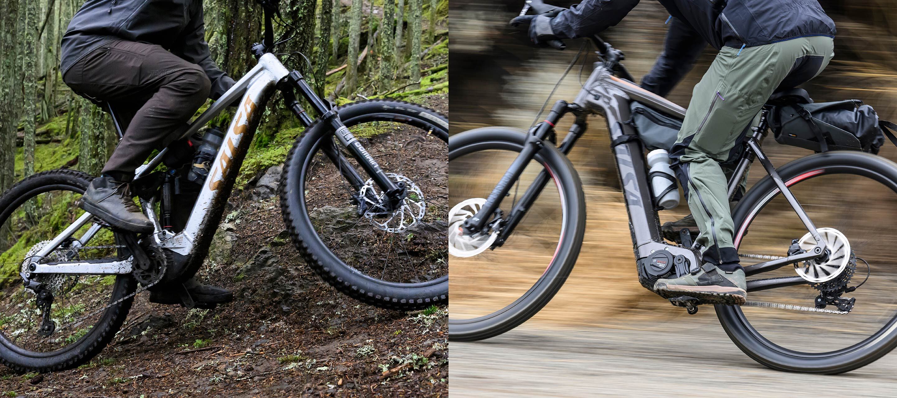 Split image of cyclist riding Salsa Notch eMTB and Salsa Tributary eGravel bike both with Bosch motors