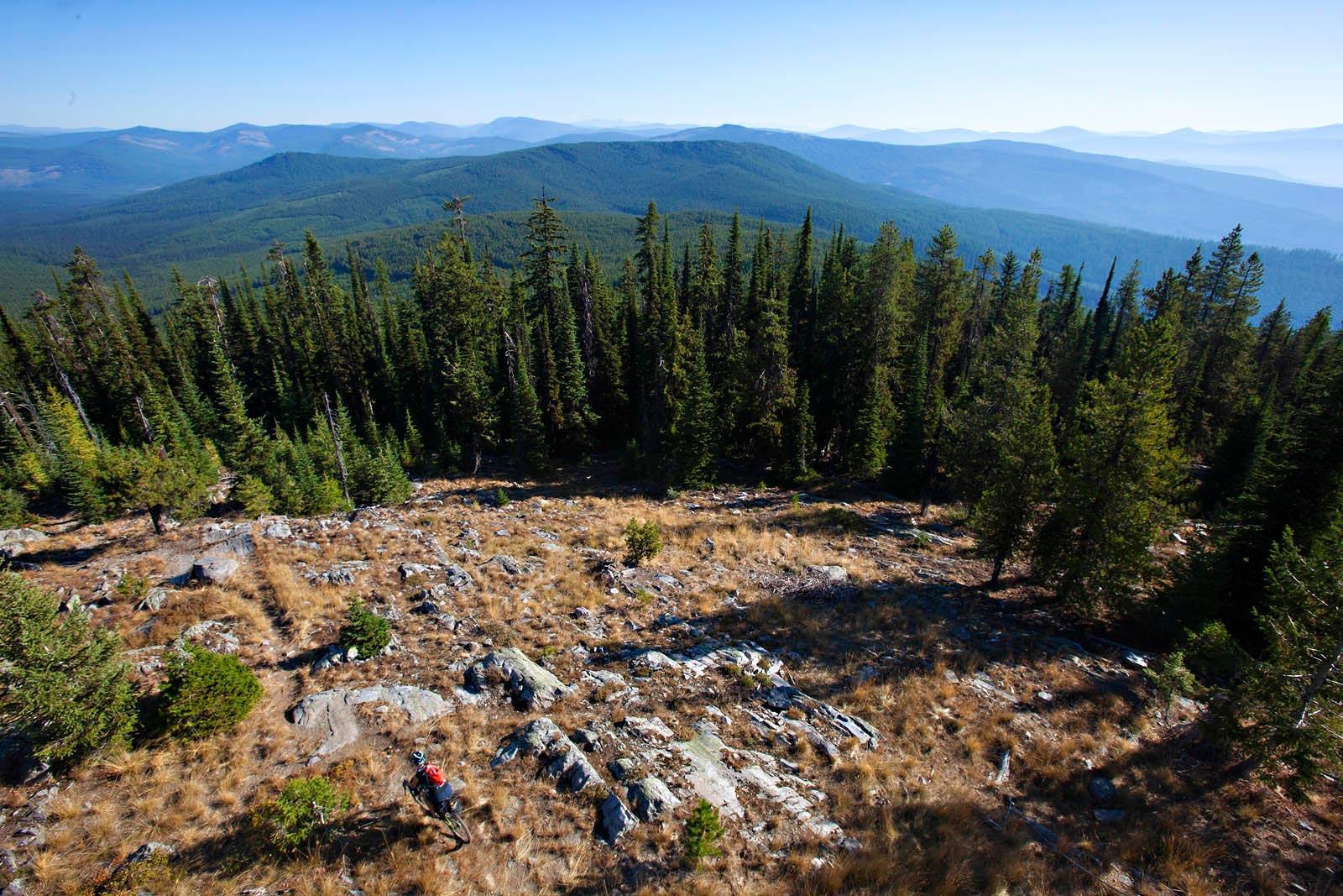 View from above, Laura rides loaded Salsa Cutthroat bike on mountain top trail, tree covered mountains in distance