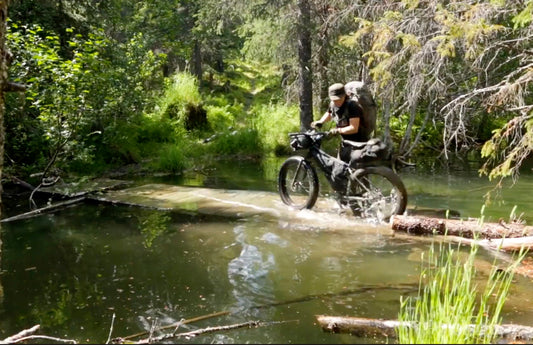 Cyclist walks a bike loaded with gear across a narrow path through shallow water