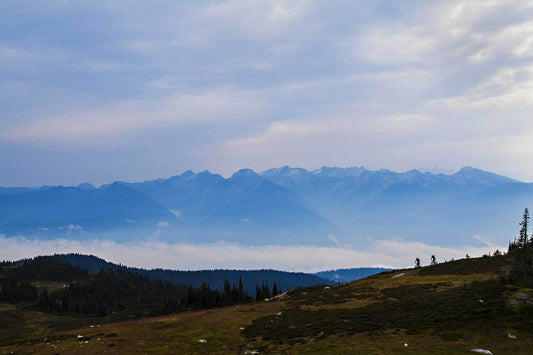 Two mountain bikers on open alpline singletrack in grass, treeline behind, big mountain peaks in distance on cloudy day