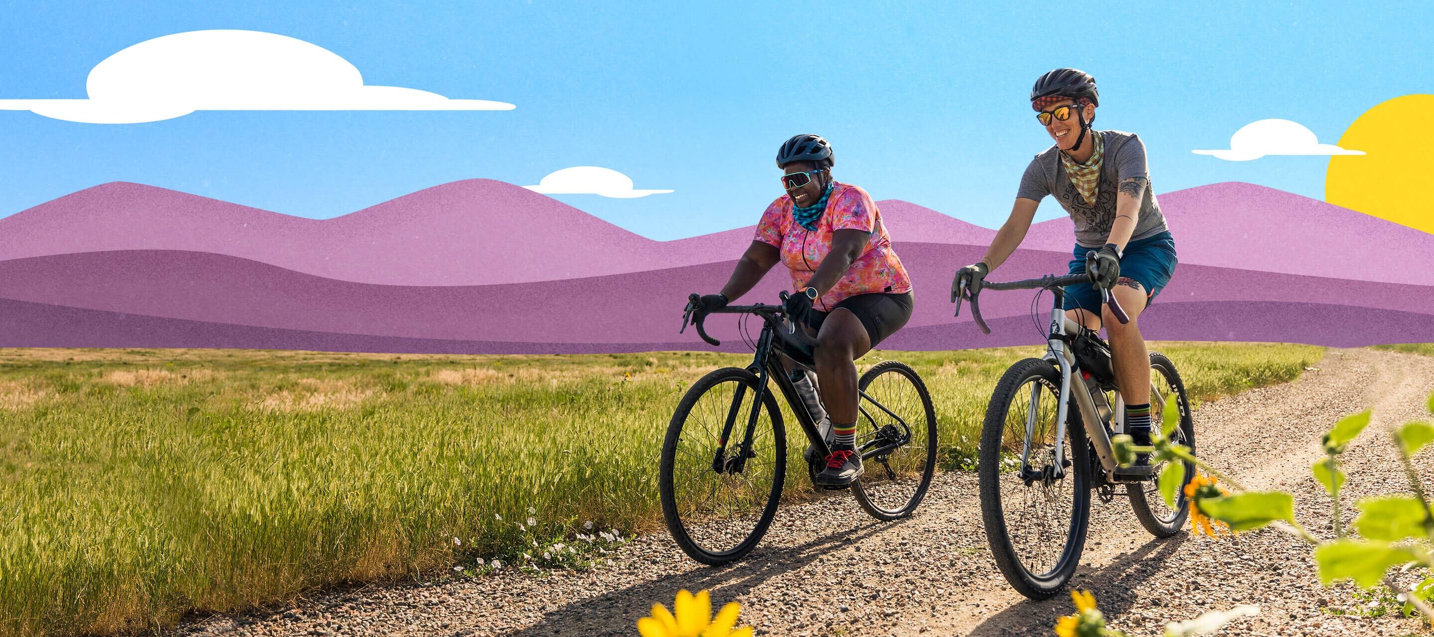 Two cyclists riding Journeyers together on gravel road, illustrated sky and mountain background