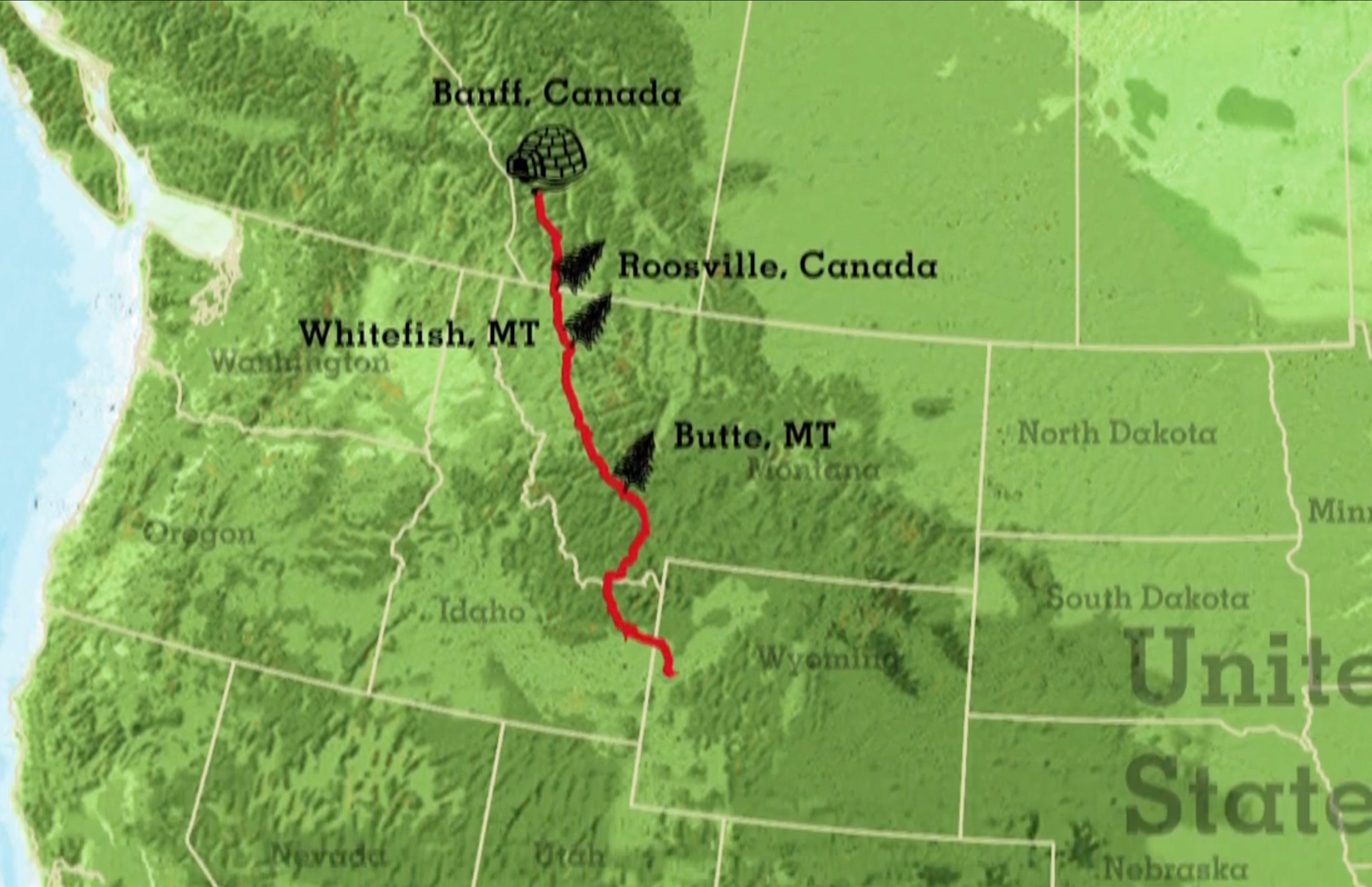 Map of the United States with route from Idaho to Canada plotted out