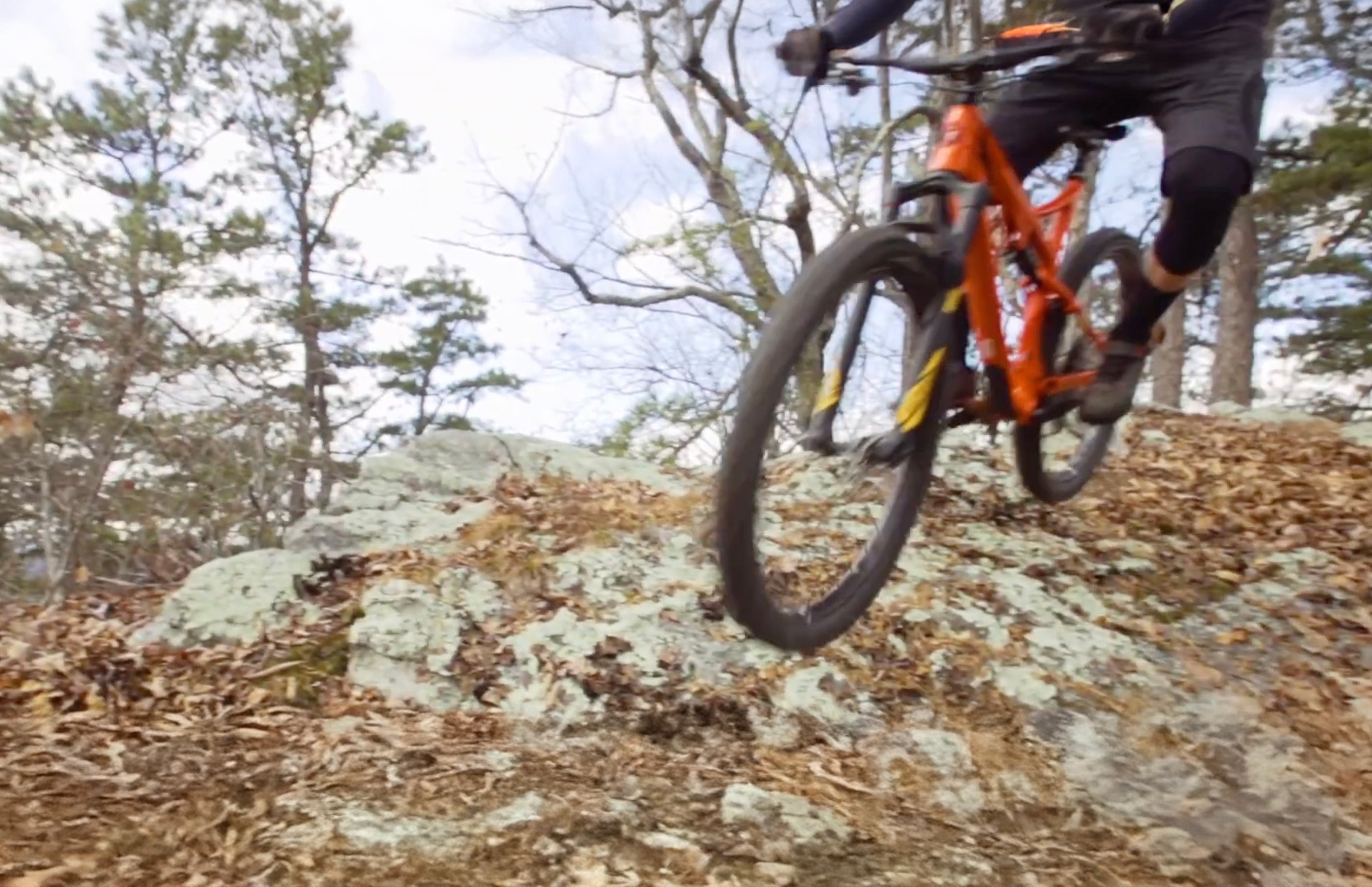 Mountain gets some air while riding over some leaves and rocks on the trail.