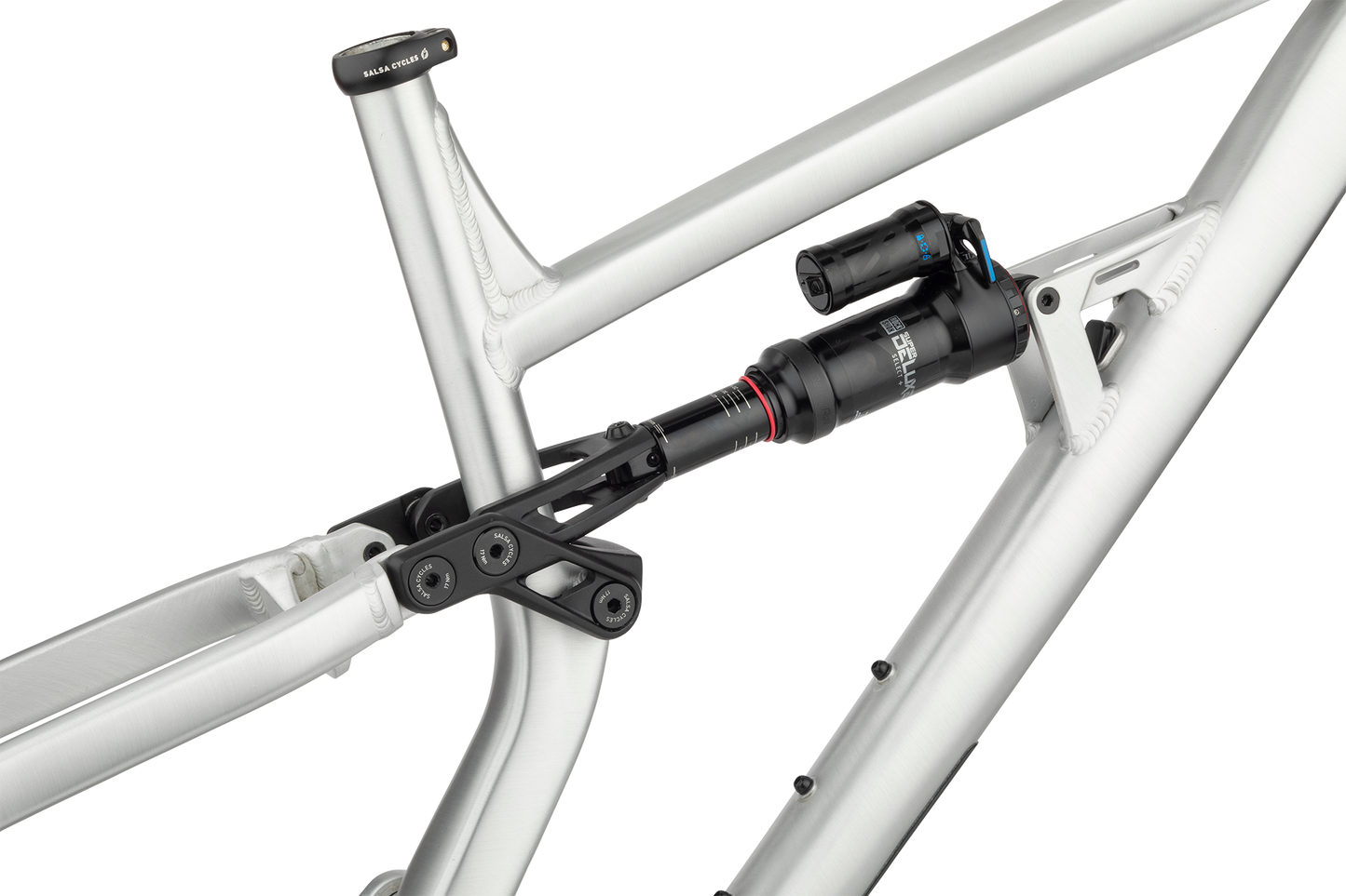 Salsa Blackthorn Alloy Frame side view focus on linkage and rear shock white background