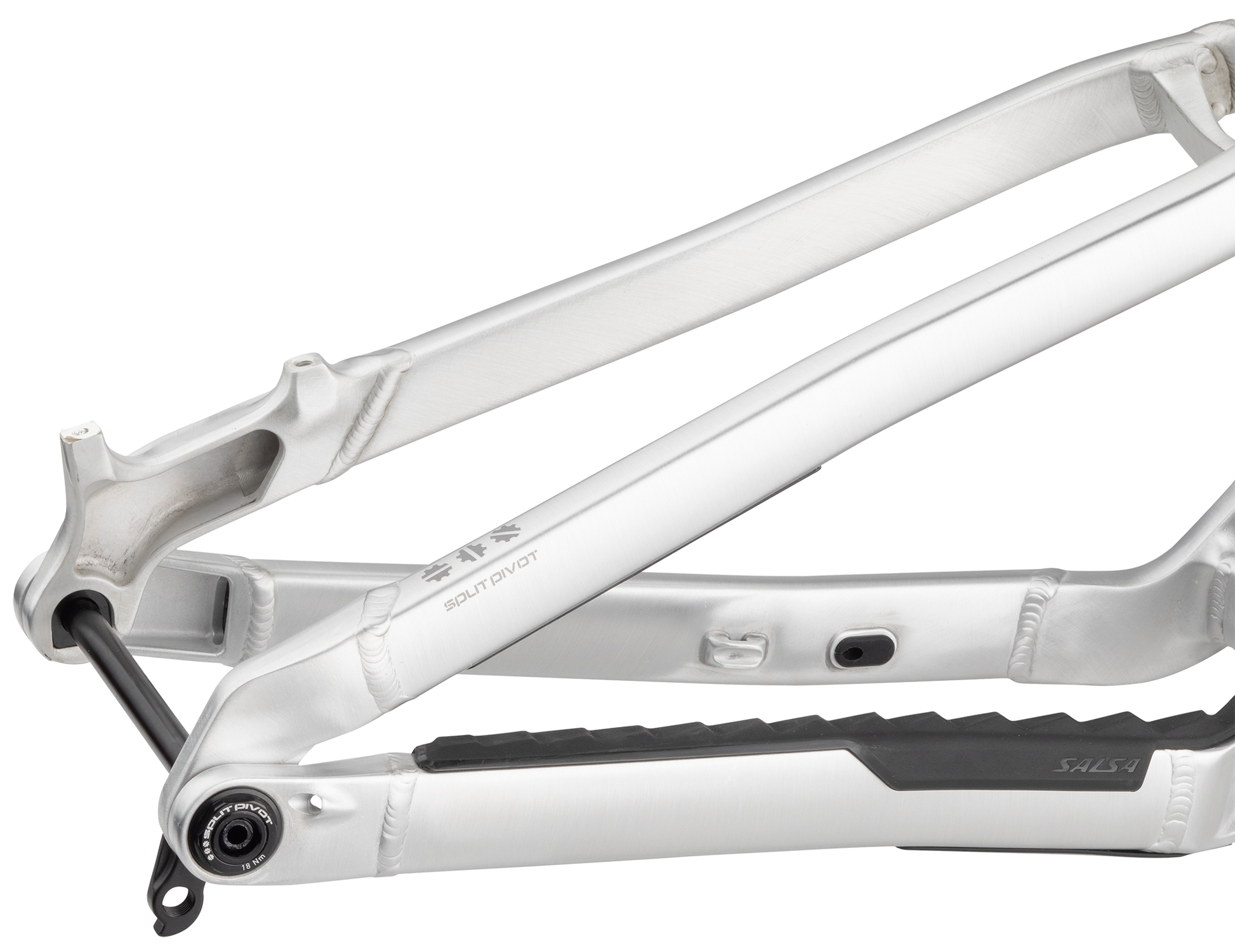 Salsa Blackthorn Alloy Frame side view focus on rear axle Split Pivot white background