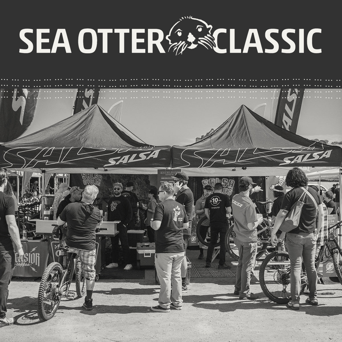 Logo for the Sea Otter Classic cycling expo above a black and white image of Salsa cylcling booths.