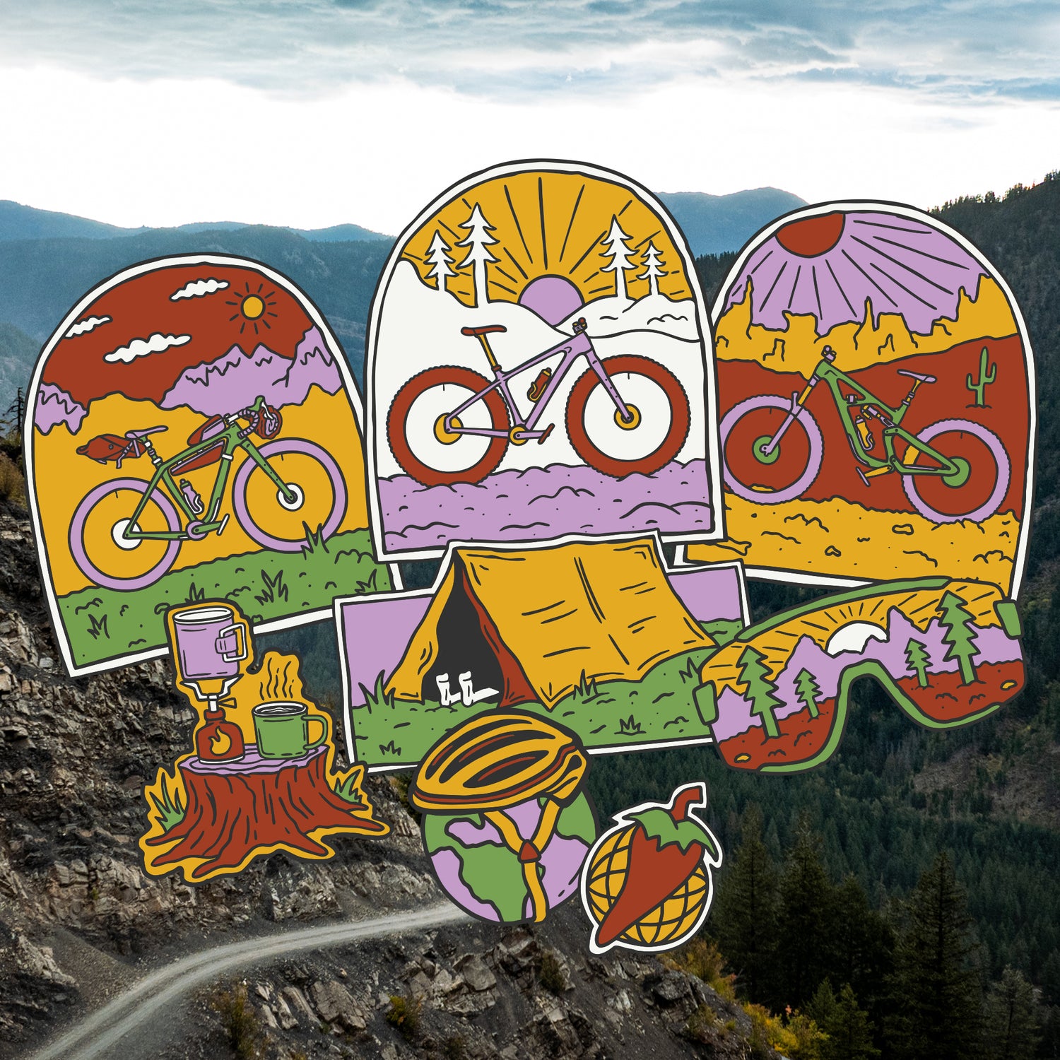 A colorful illustration with bike camping and adventure scenes is layered on top of a mountainside bike trail.