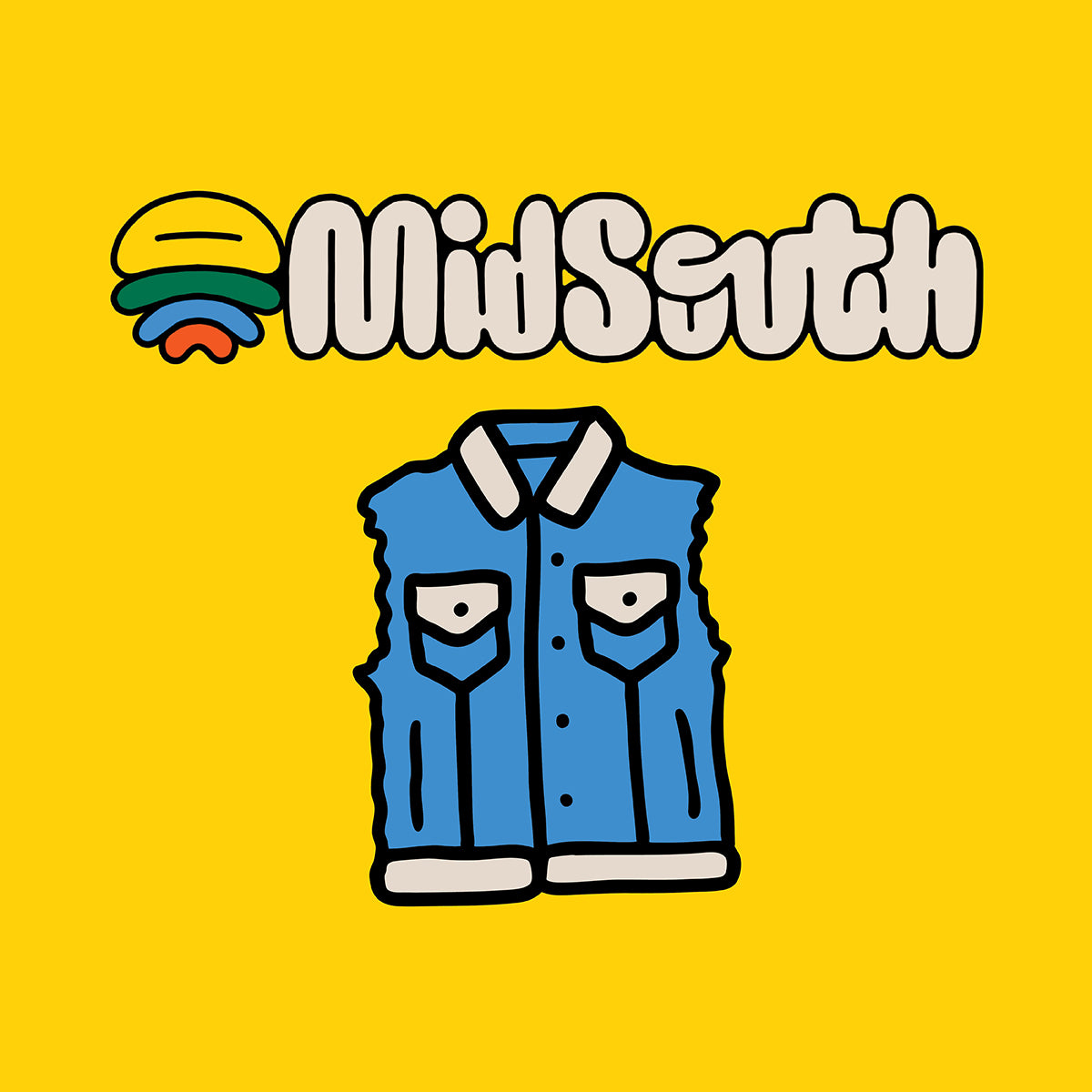 Logo for the Midsouth gravel race with a cartoon illustration of a denim vest.