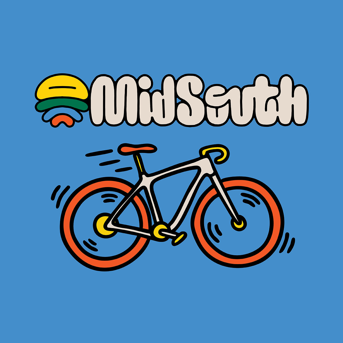 Logo for the Midsouth gravel race with a cartoon illustration of a bike.