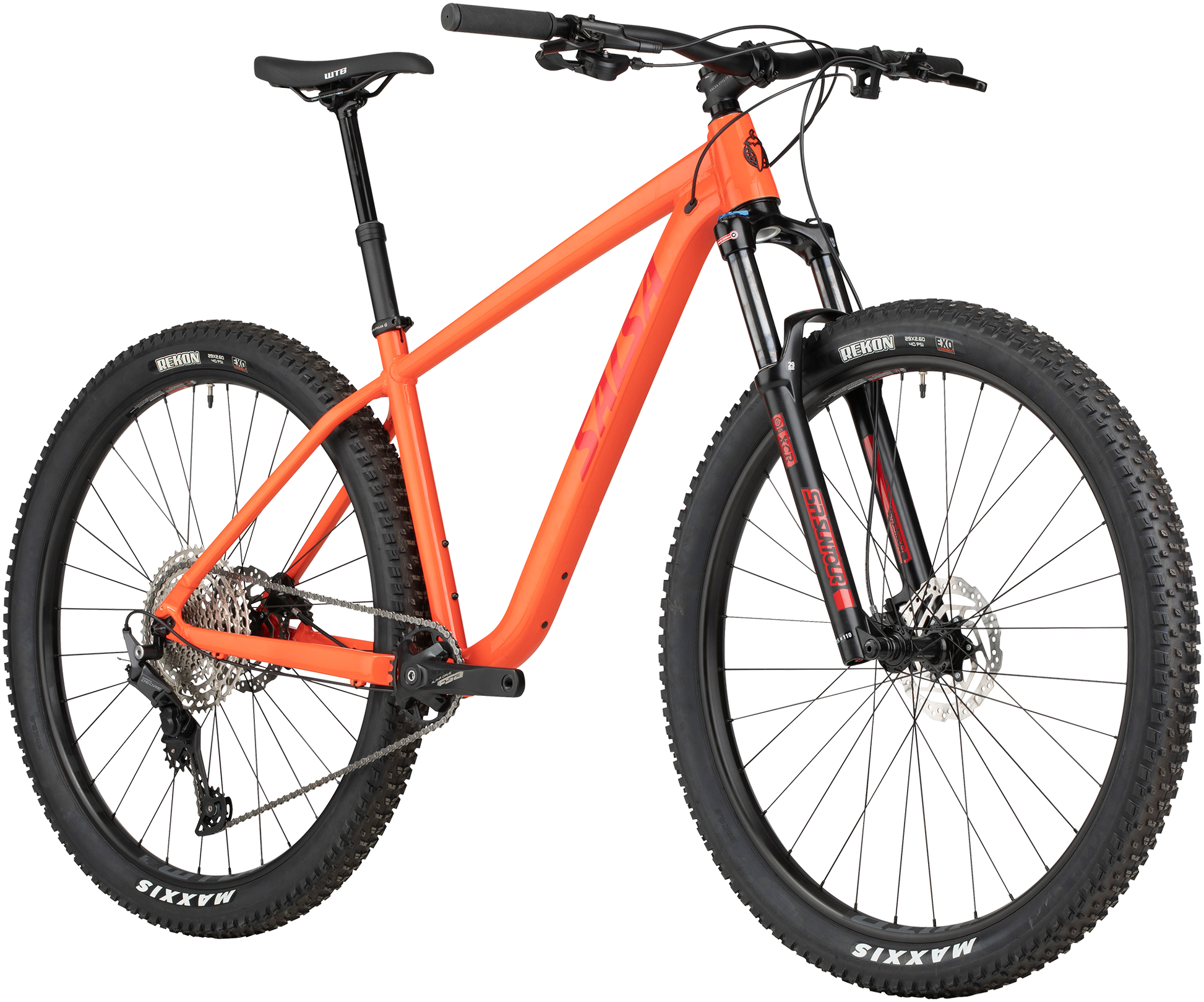 Salsa Rangefinder Deore 11 29 bike orange front three-quarter view on white background