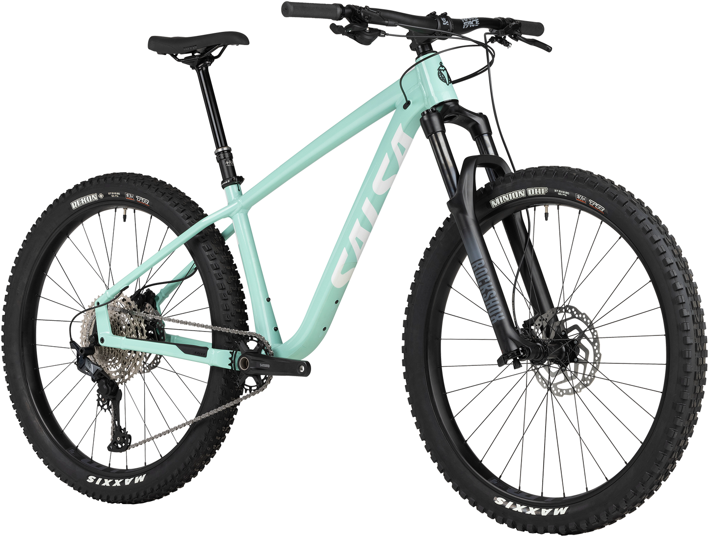 Salsa Timberjack SLX 27.5 mint green mountain bike three quarter front view on white background