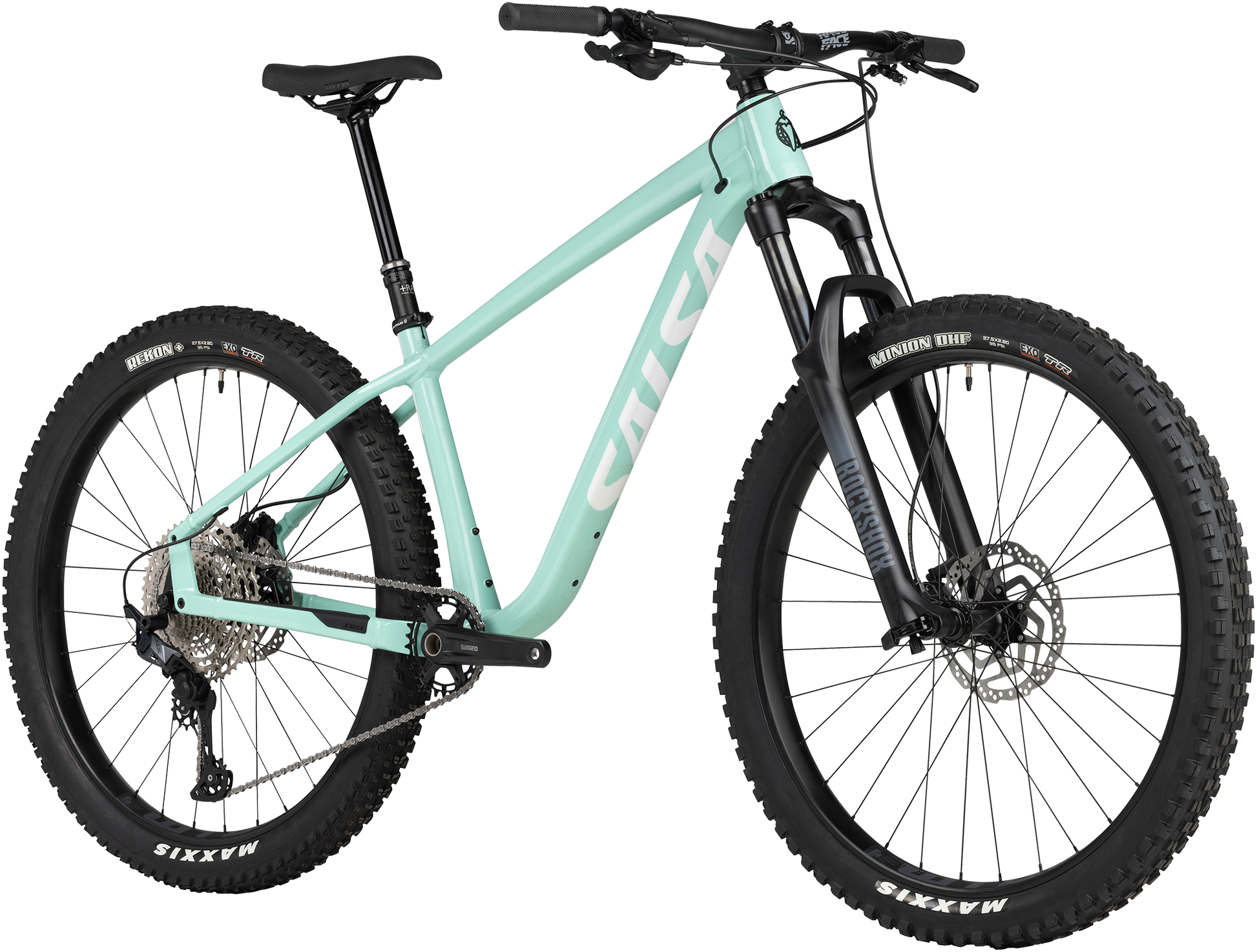 Salsa Timberjack SLX 27.5 mint green mountain bike three quarter front view on white background