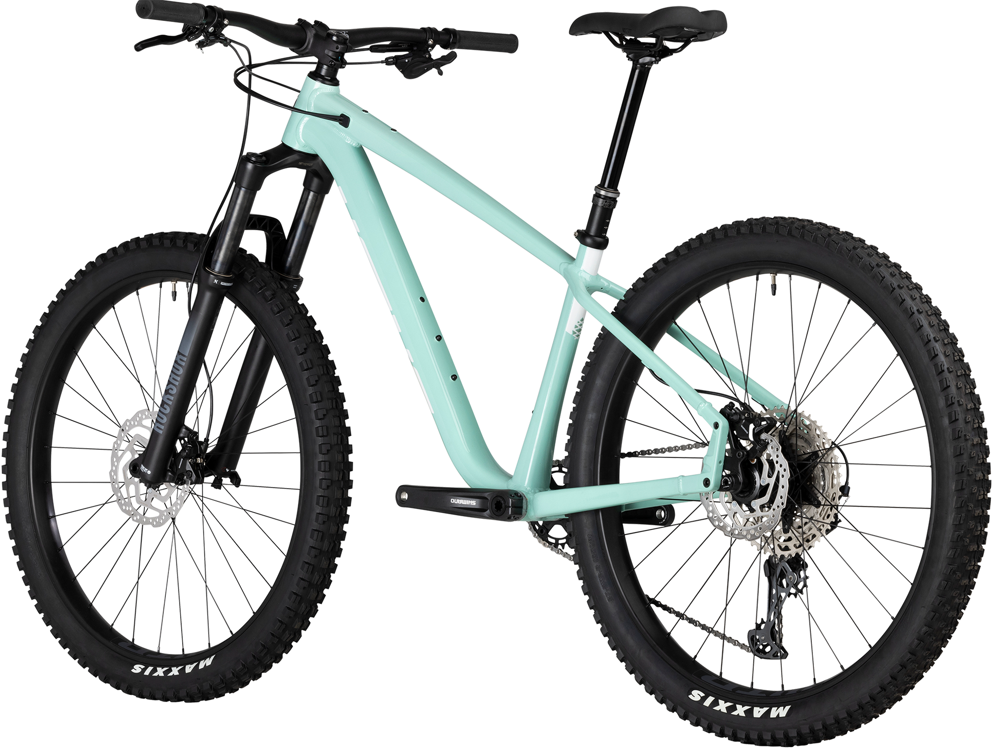 Salsa Timberjack SLX 27.5 mint green mountain bike three quarter rear view on white background