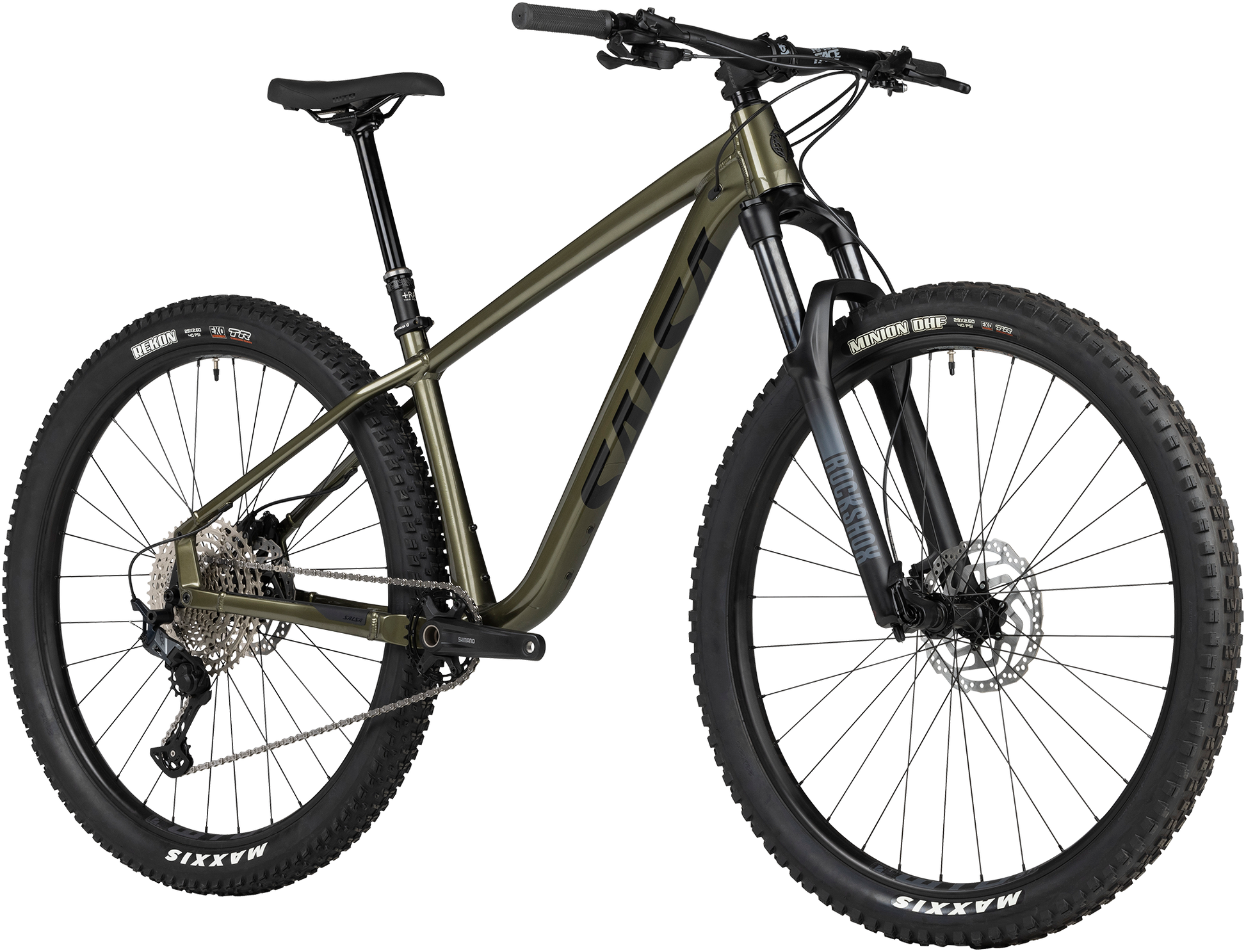 Salsa Timberjack SLX 29 army green mountain bike three quarter front view on white background