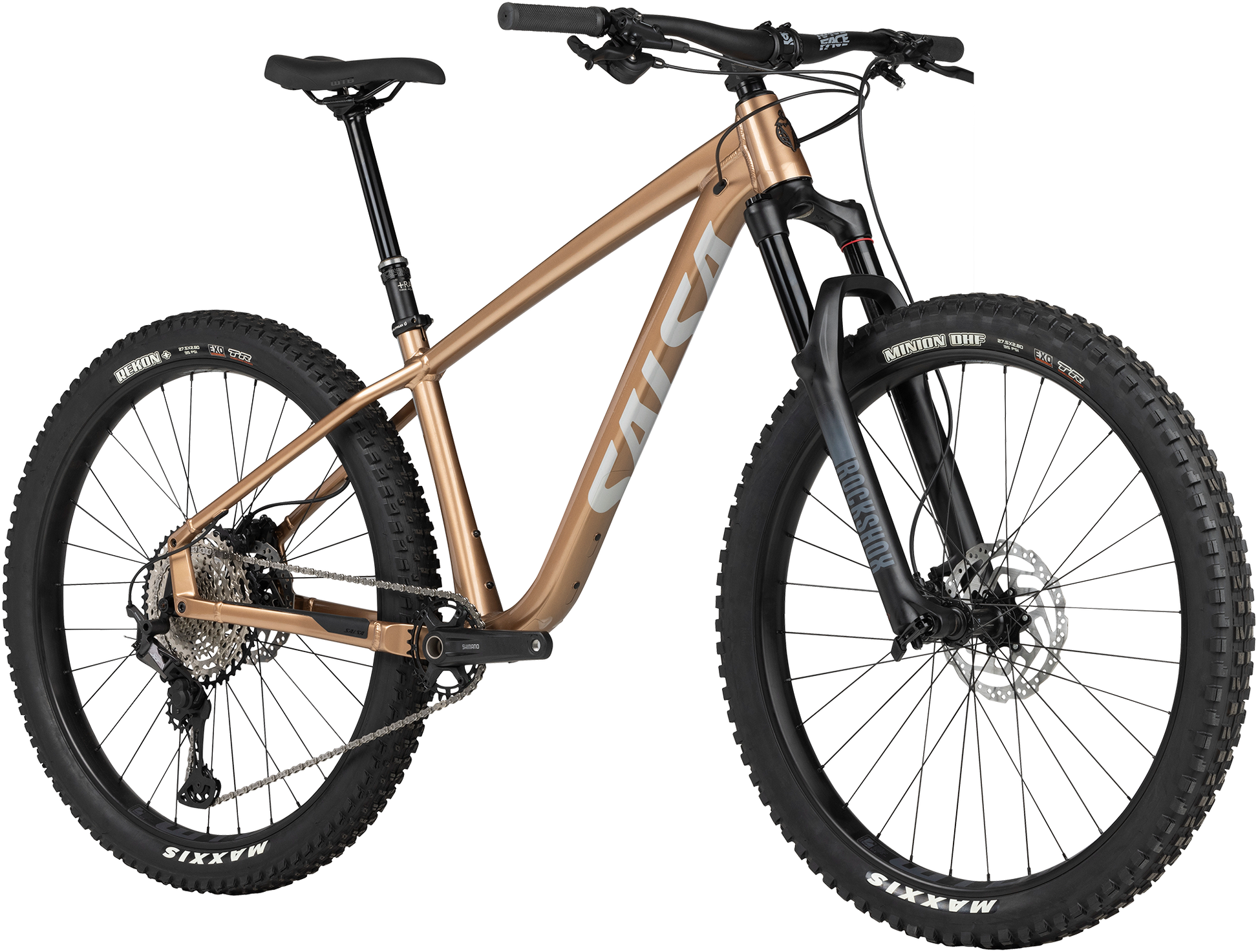 Salsa Timberjack XT 27.5 copper mountain bike three quarter front view on white background