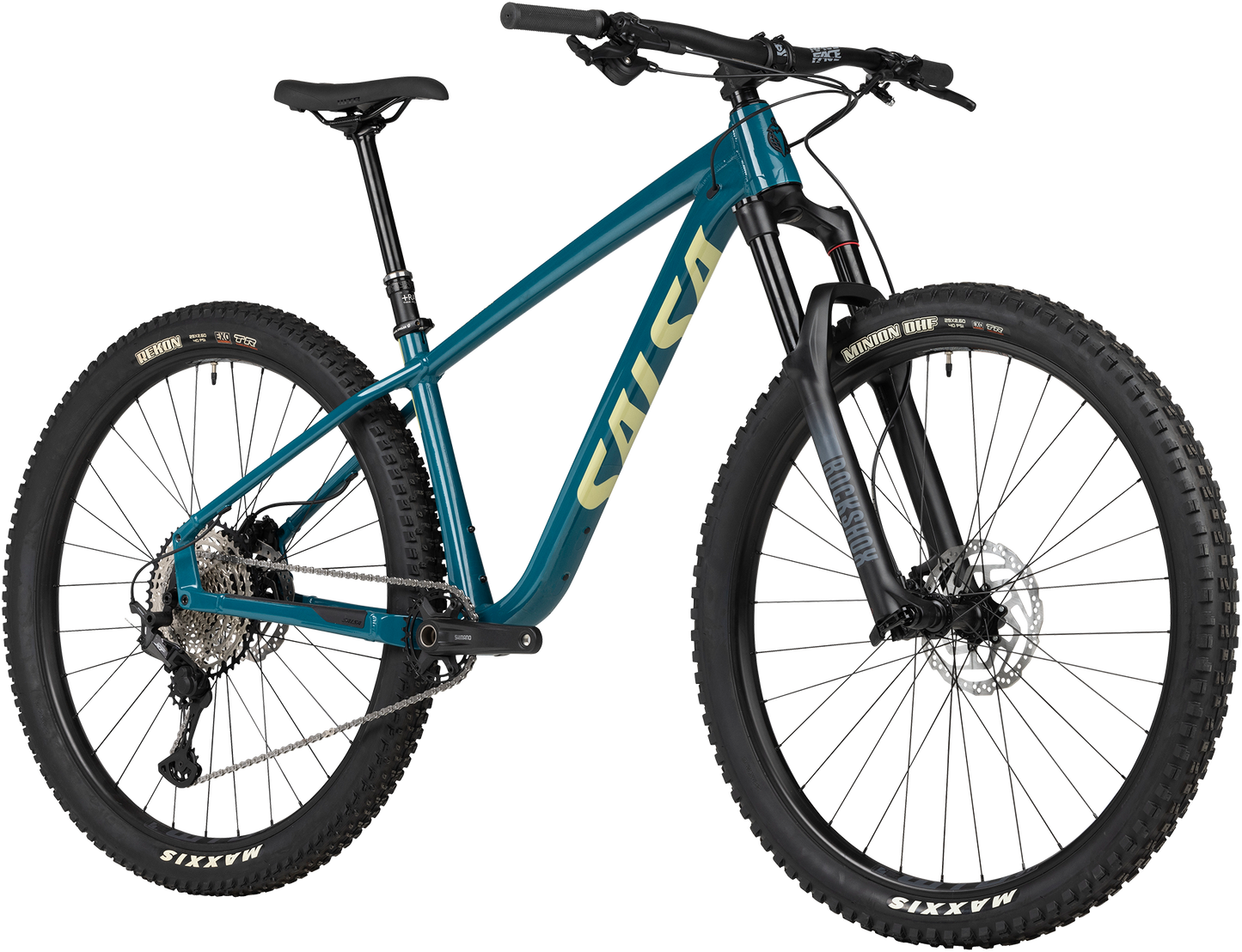 Salsa Timberjack XT 29 blue mountain bike three quarter rear view on white background