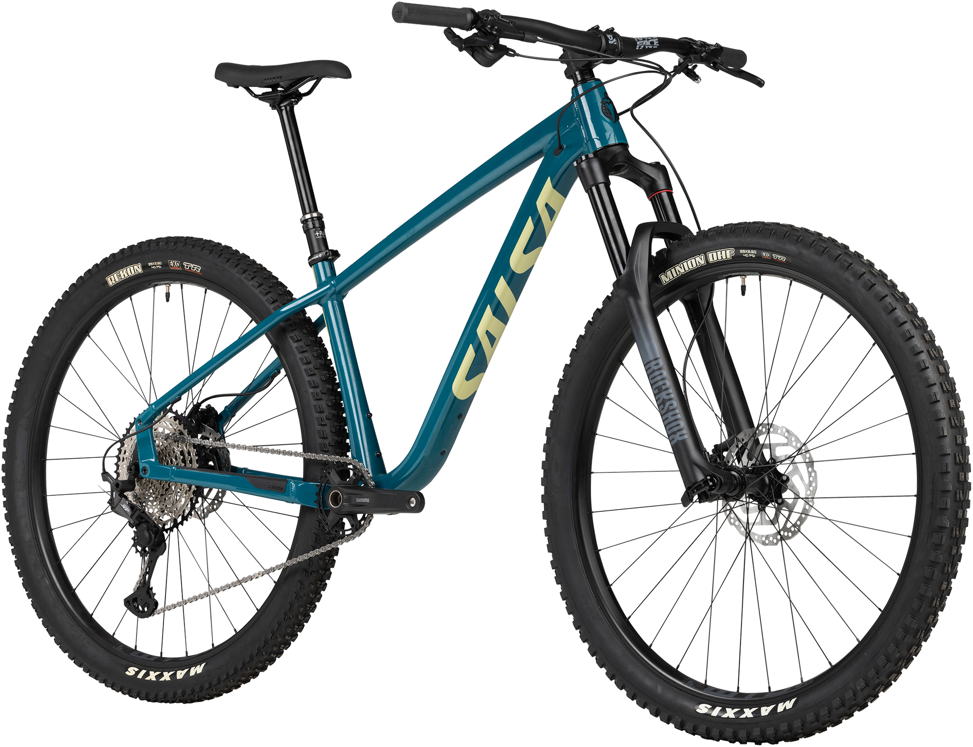 Salsa Timberjack XT 29 blue mountain bike three quarter rear view on white background