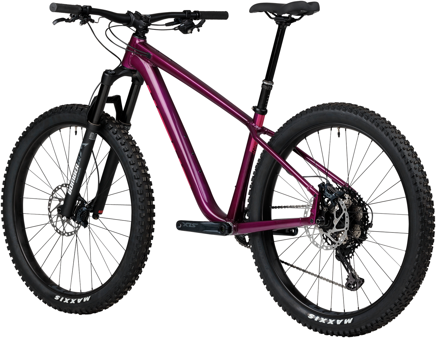 Salsa Timberjack XT Z2 27.5 purple mountain bike three quarter rear view on white background