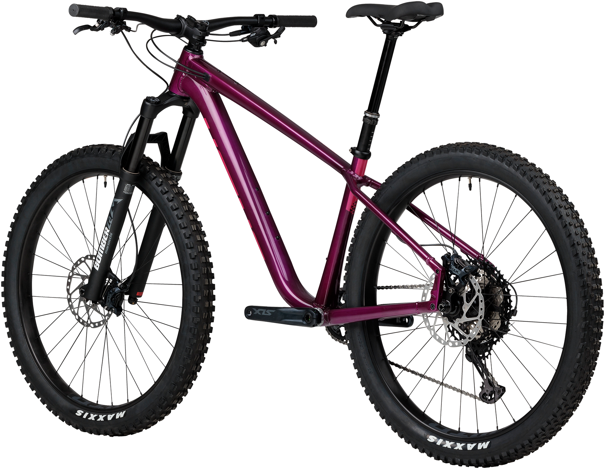 Salsa Timberjack XT Z2 27.5 purple mountain bike three quarter rear view on white background