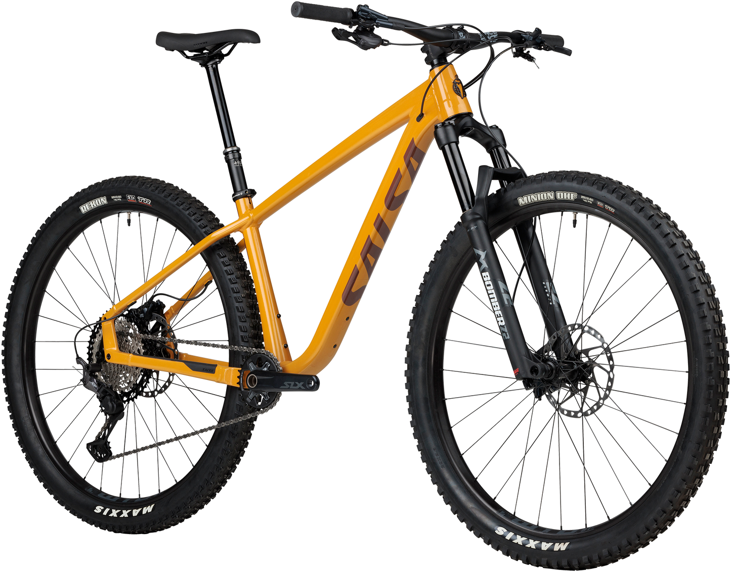 Salsa Timberjack XT Z2 29er yellow mountain bike three quarter front view on white background