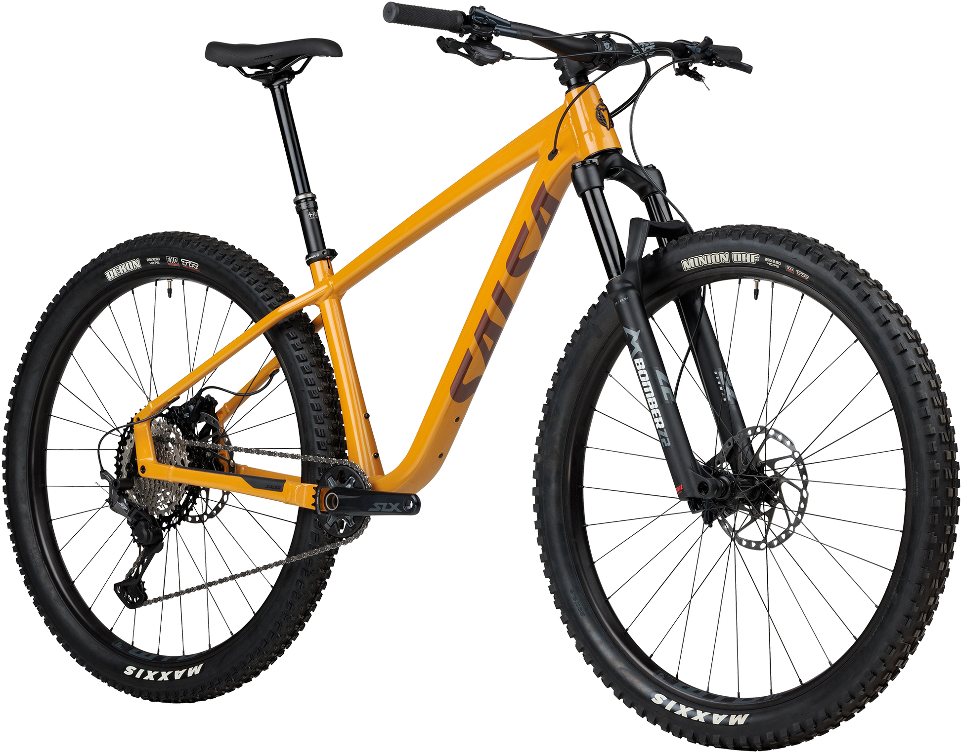 Salsa Timberjack XT Z2 29er yellow mountain bike three quarter front view on white background