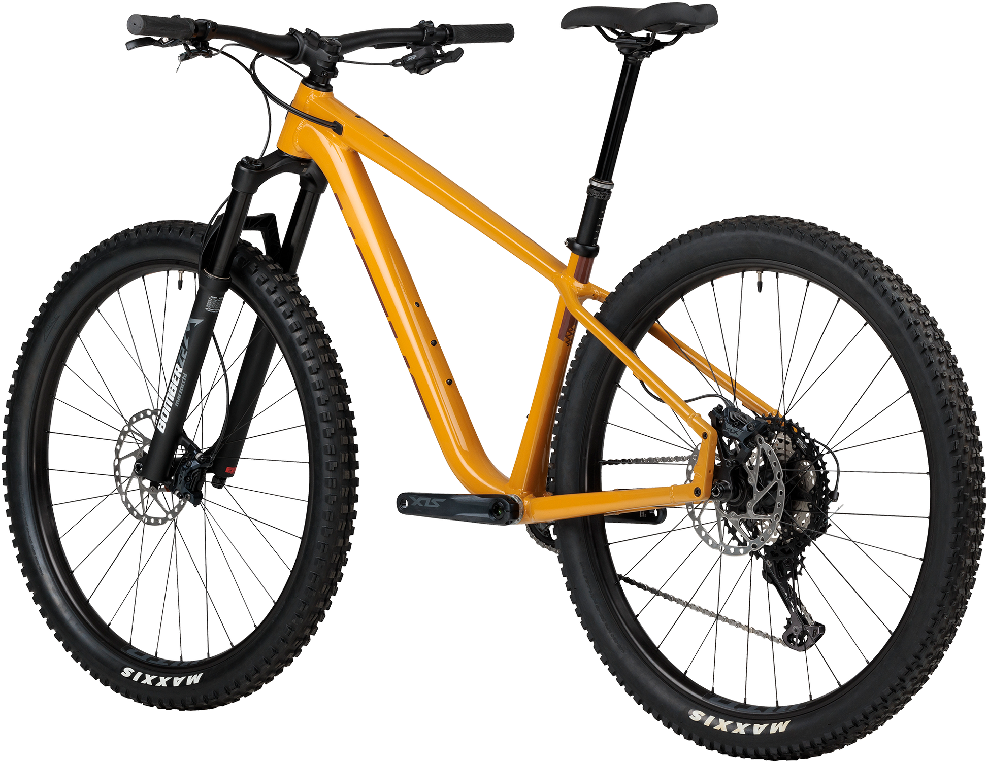 Salsa Timberjack XT Z2 29er yellow mountain bike three quarter rear view on white background