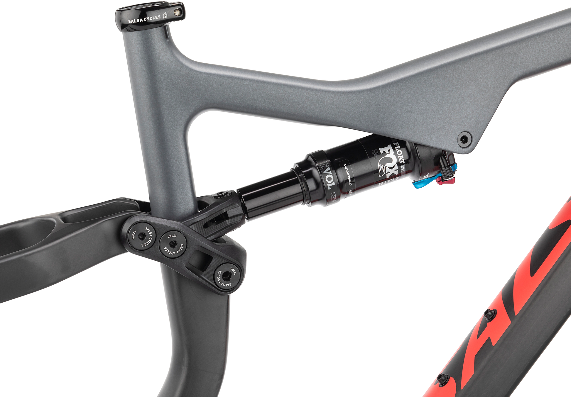 Salsa Horsethief Carbon Frame focus on suspension linkage and rear shock