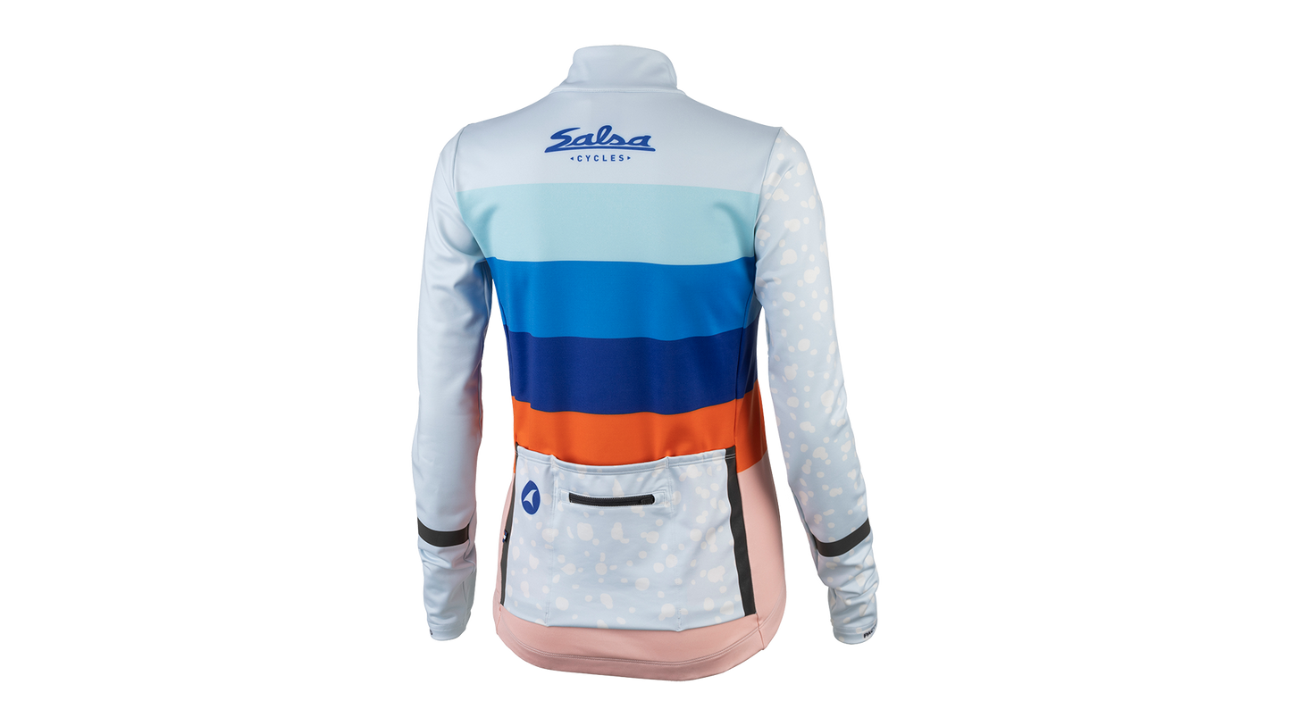 Salsa Arctica Long Sleeve Women's Jersey, back view, white sleeves with stripes of orange and multiple shades of blue, and rear pockets