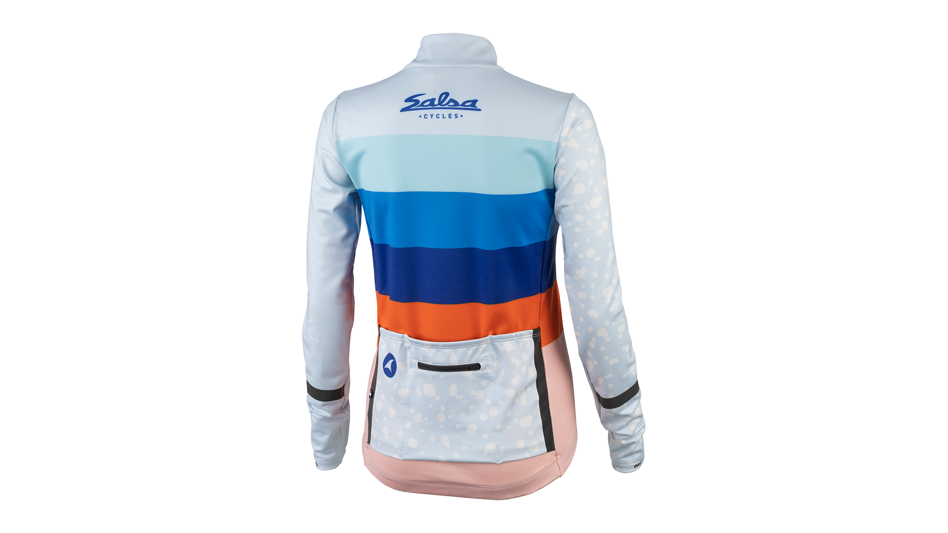 Salsa Arctica Long Sleeve Women's Jersey, back view, white sleeves with stripes of orange and multiple shades of blue, and rear pockets