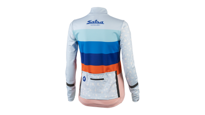 Salsa Arctica Long Sleeve Women's Jersey, back view, white sleeves with stripes of orange and multiple shades of blue, and rear pockets