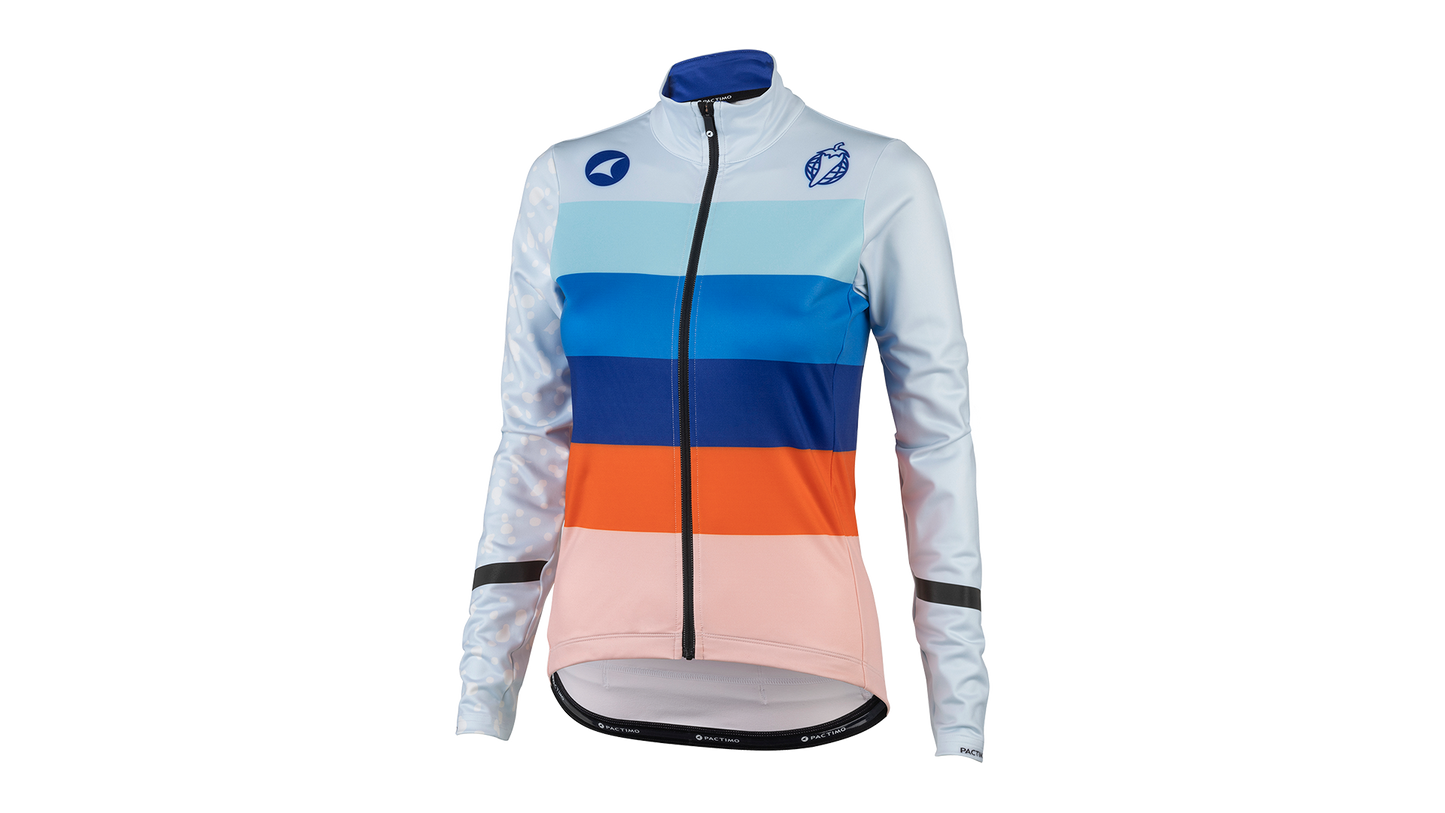 Salsa Arctica Long Sleeve Women's Jersey, front view, white sleeves with stripes of orange and multiple shades of blue