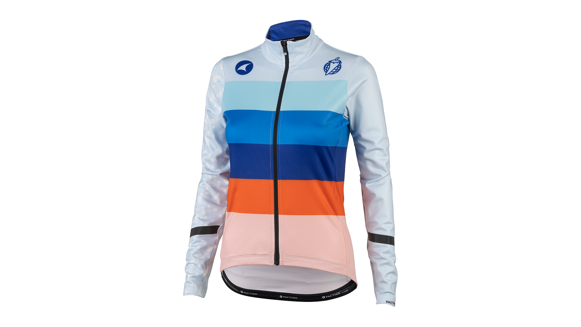 Salsa Arctica Long Sleeve Women's Jersey, front view, white sleeves with stripes of orange and multiple shades of blue