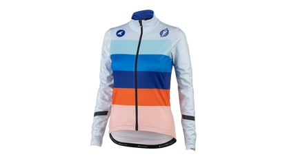 Salsa Arctica Long Sleeve Women's Jersey, front view, white sleeves with stripes of orange and multiple shades of blue