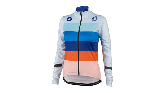 Salsa Arctica Long Sleeve Women's Jersey, front view, white sleeves with stripes of orange and multiple shades of blue