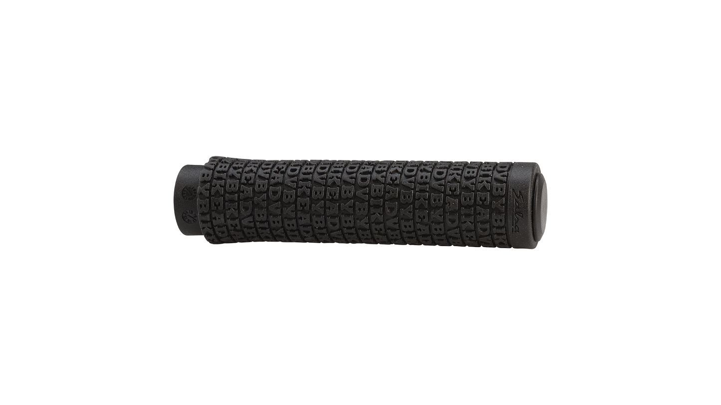 Salsa Backcountry Lock-on grips black with Adventure By Bike lettering raised repeated on grip, no locking clamps