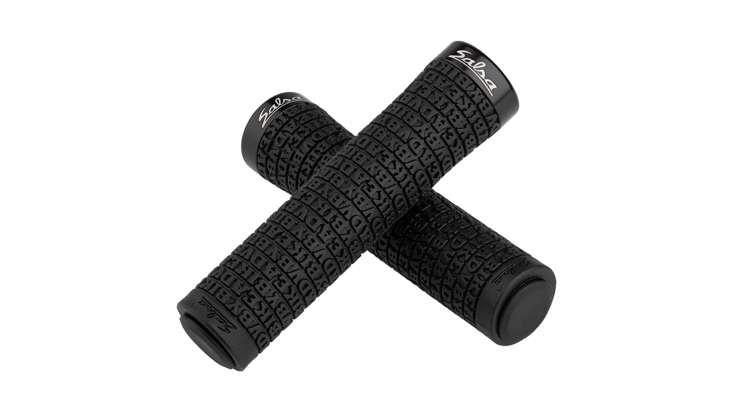 Salsa Backcountry Lock-on grips black with Adventure By Bike lettering raised repeated on grip