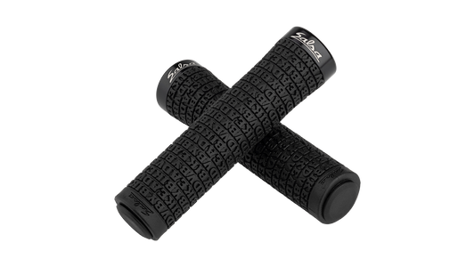 Salsa Backcountry Lock-on grips black with Adventure By Bike lettering raised repeated on grip