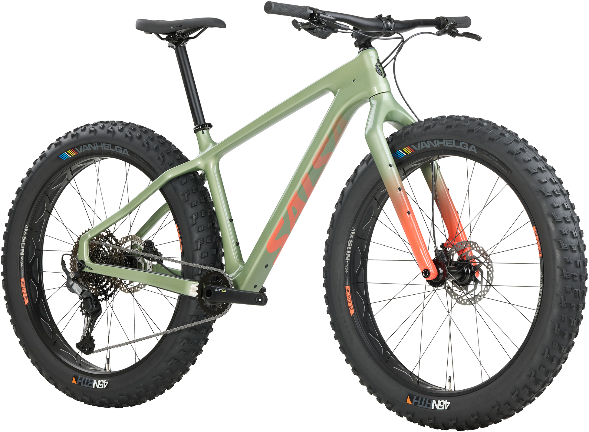 Salsa Beargrease C Cues fat bike Sage Green front three-quarter view on white background