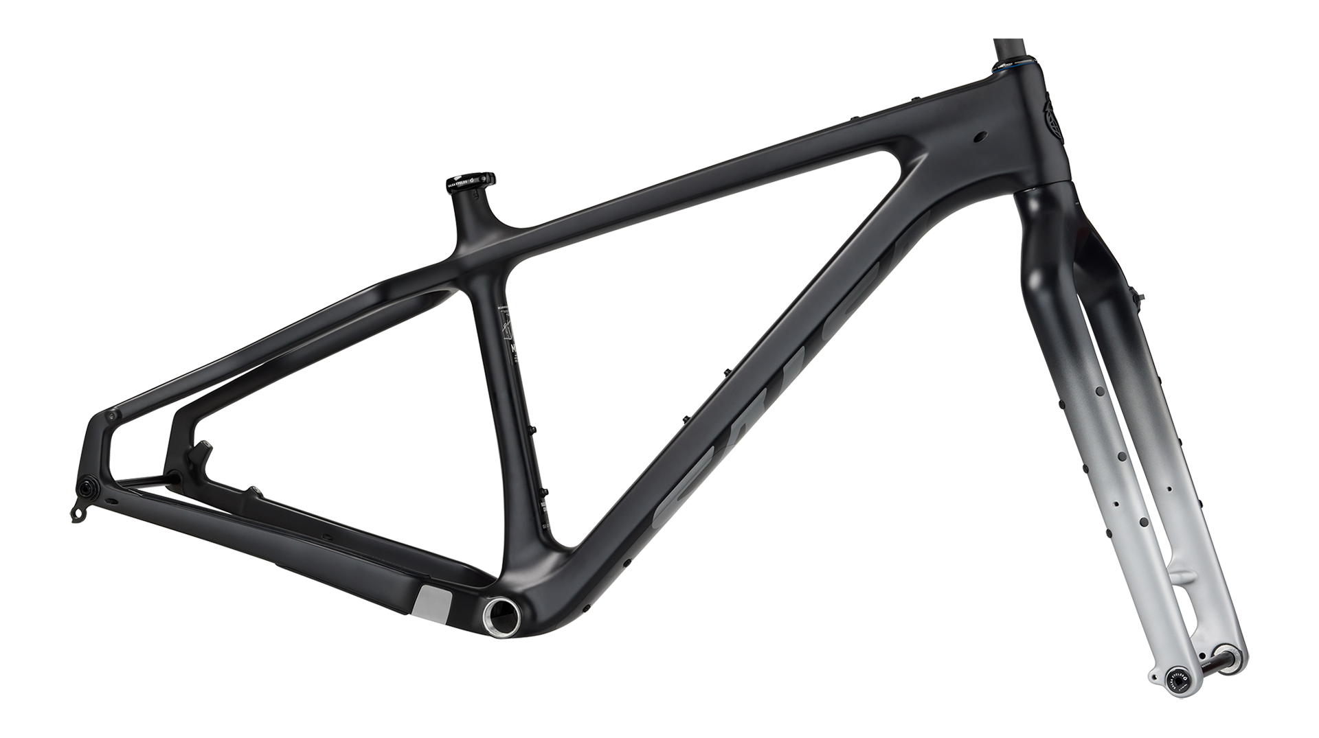 Salsa Beargrease C Frameset side view, black with black to white fade on fork