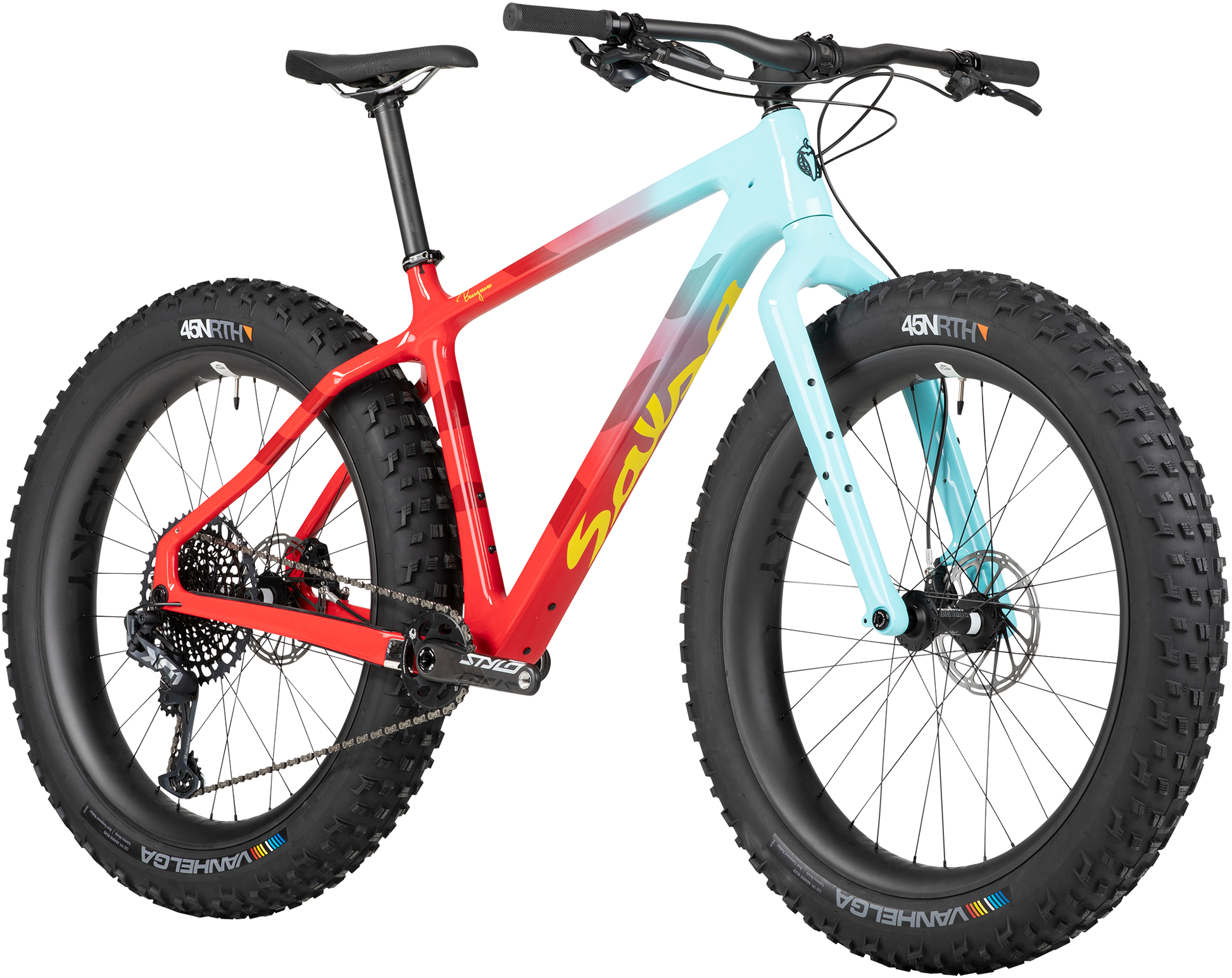 Salsa Beargrease C X01 fat bike red teal fade front three-quarter view on white background