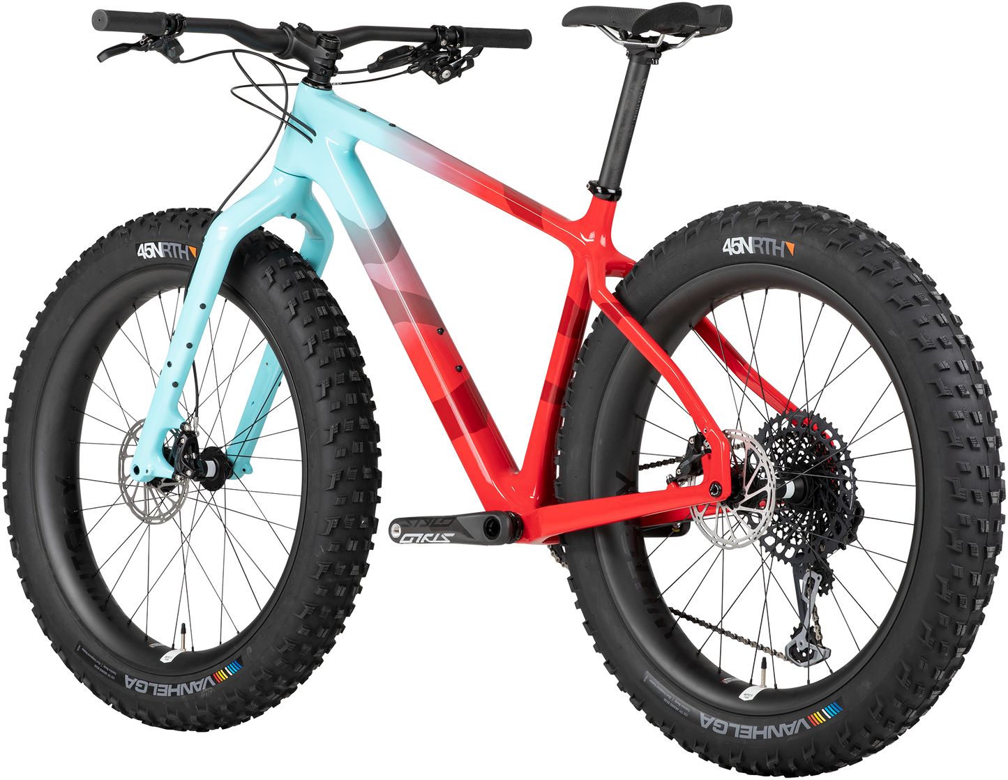 Salsa Beargrease C X01 fat bike red teal fade rear three-quarter view on white background