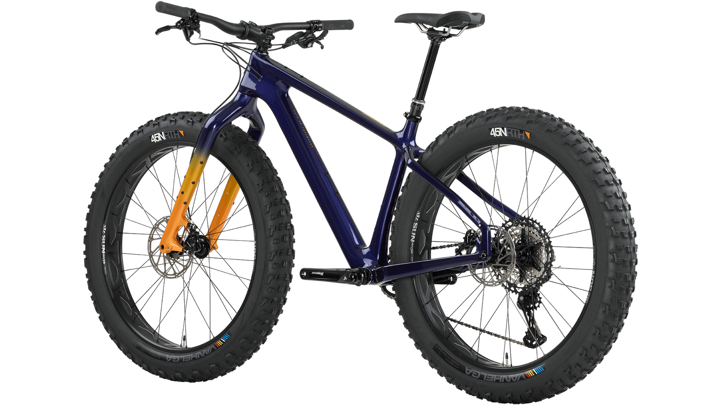 Salsa Beargrease C XT fat bike Indigo rear three-quarter view on white background