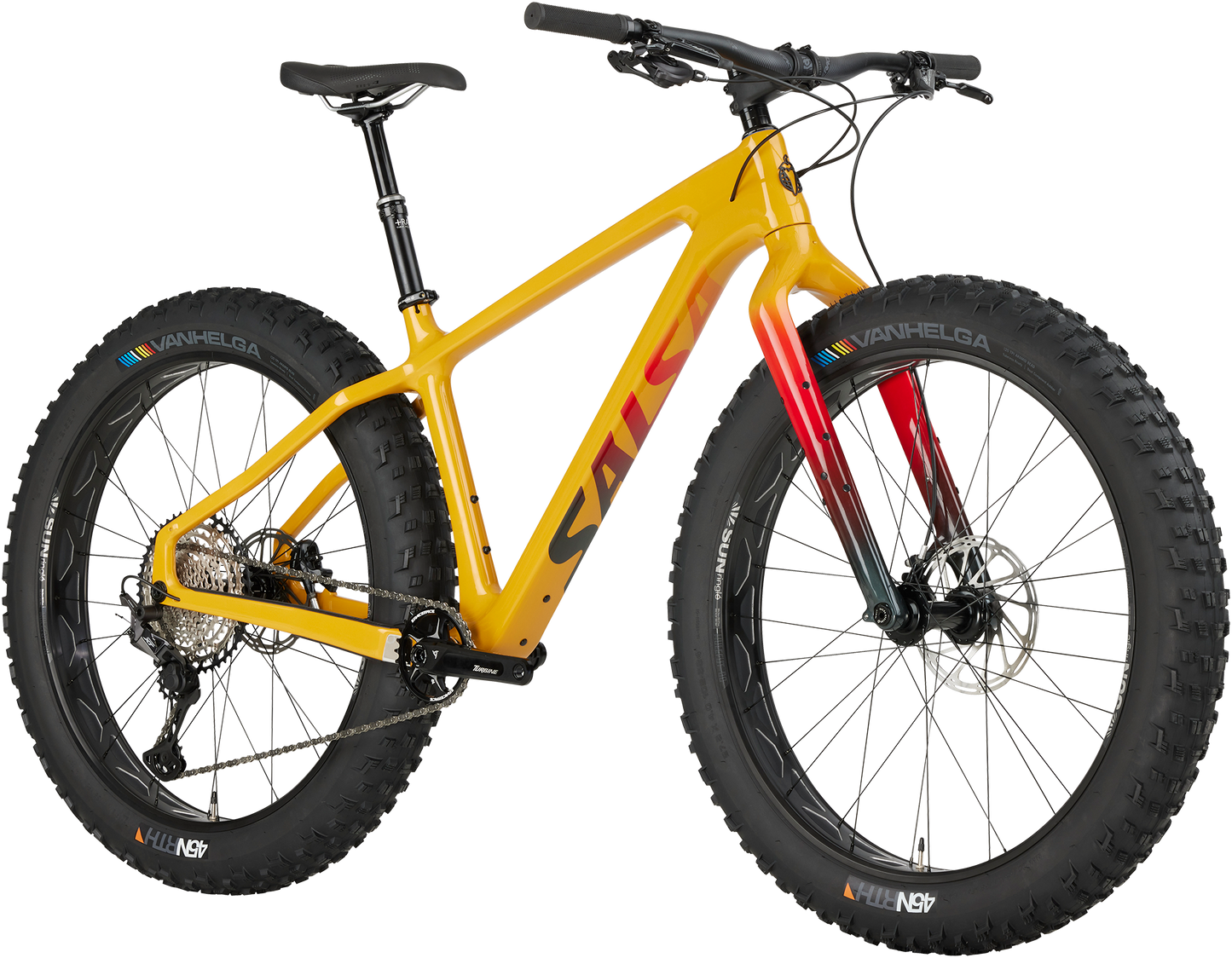 Salsa Beargrease C XT fat bike, yellow, front three-quarter view on white background