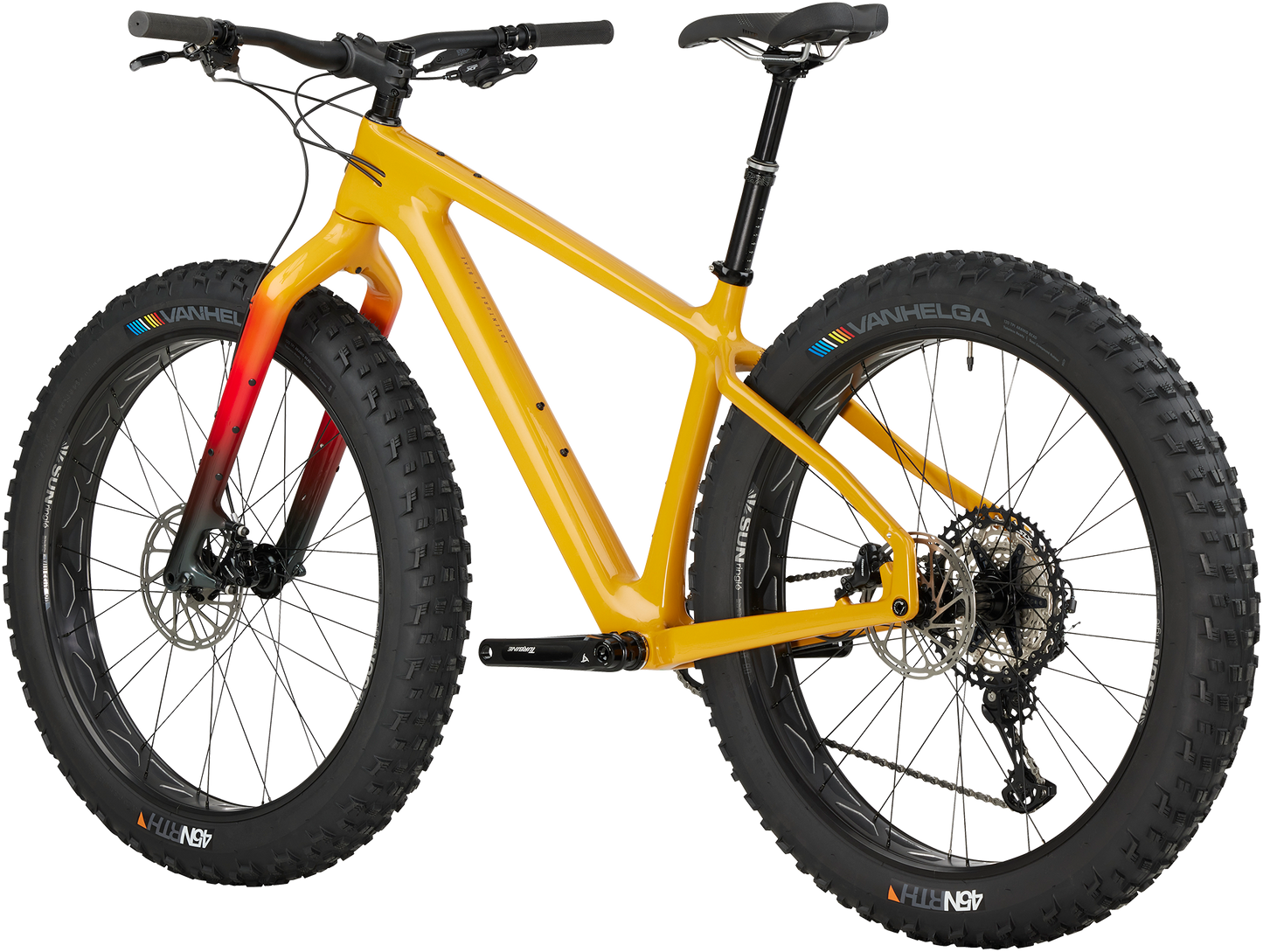 Salsa Beargrease C XT fat bike, yellow, rear three-quarter view on white background