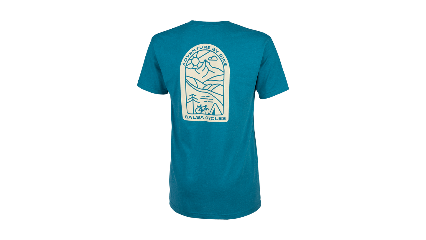 Salsa Campout Men's T-Shirt blue rear with Adventure By Bike Salsa Cyles and line illustration