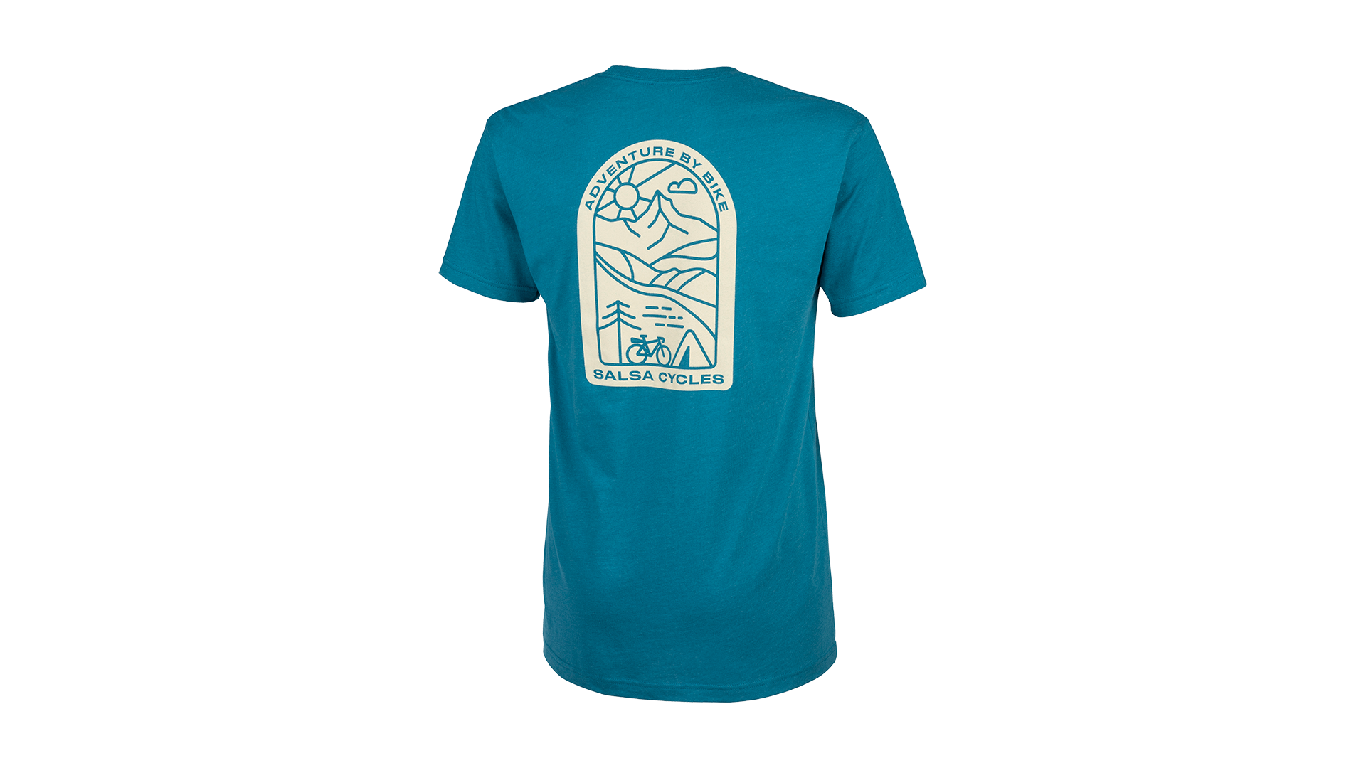 Salsa Campout Men's T-Shirt blue rear with Adventure By Bike Salsa Cyles and line illustration