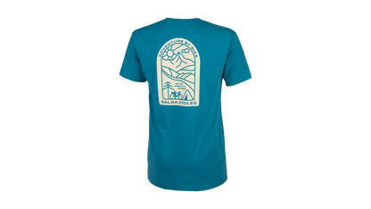 Salsa Campout Men's T-Shirt blue rear with Adventure By Bike Salsa Cyles and line illustration